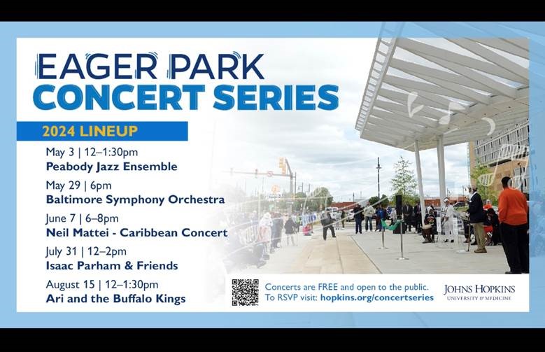 Eager Park Concert Series 2024 Lineup
May 3, 12-1:30pm - Peabody Jazz Ensemble
May 29, 6pm - Baltimore Symphony Orchestra
June 7, 6-8pm - Neil Mattei, Caribbean Concert
July 13, 12-2pm - Isaac Parham & Friends
August 5, 12-1:30pm - Ari and the Buffalo Kings