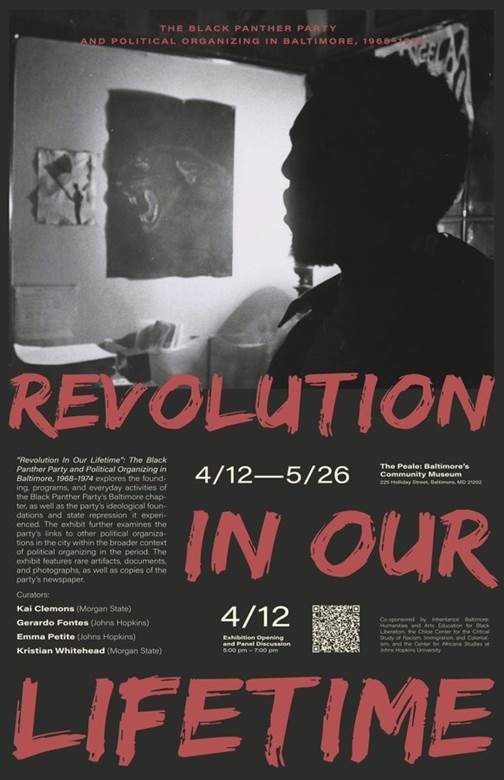 Revolution In Our Lifetime poster depicting a profile in shadow and beyond a wall on which is hung two sketches, one of a panther, another of a person holding what appears to be a flag.